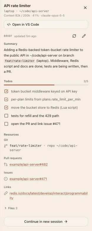 Details panel with a summary, a todo list with three of five done, git branch, pull request, issue and links