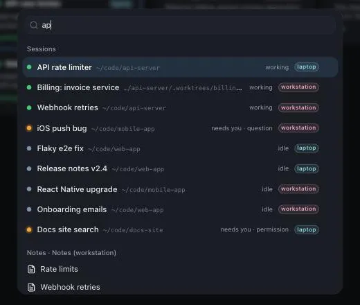 Command palette filtering sessions from both hosts and matching notes