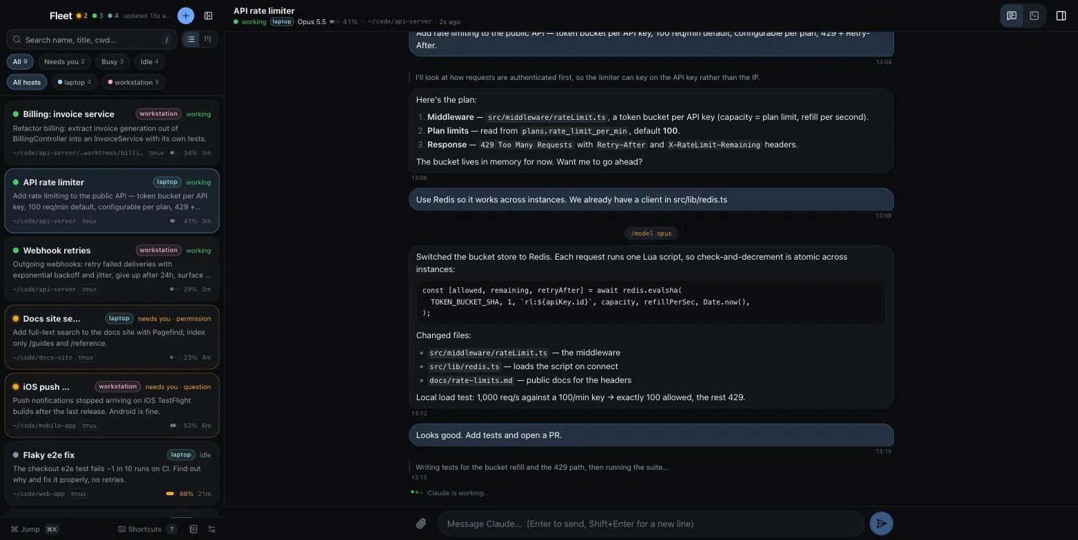 Fleet running as a native macOS window: session list on the left, a chat on the right