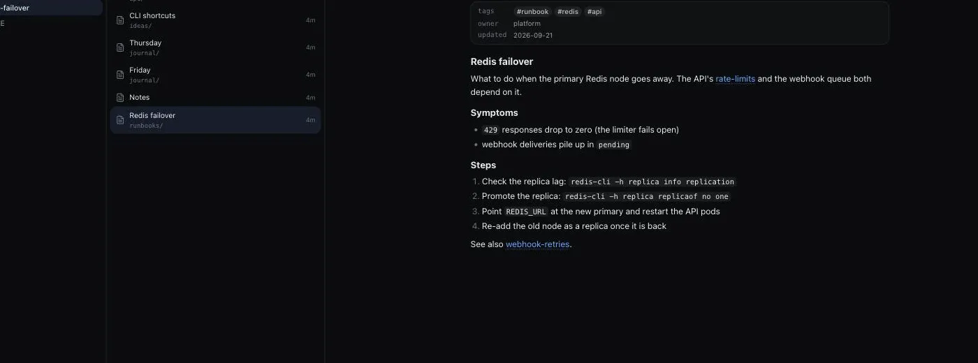 Notes explorer with a file list and a rendered runbook