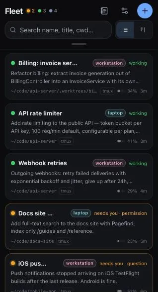 Fleet on a phone: list of sessions with host badges and status