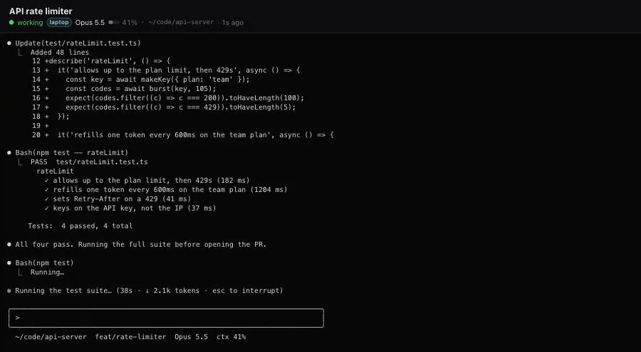 Raw terminal output of a Claude Code session running tests