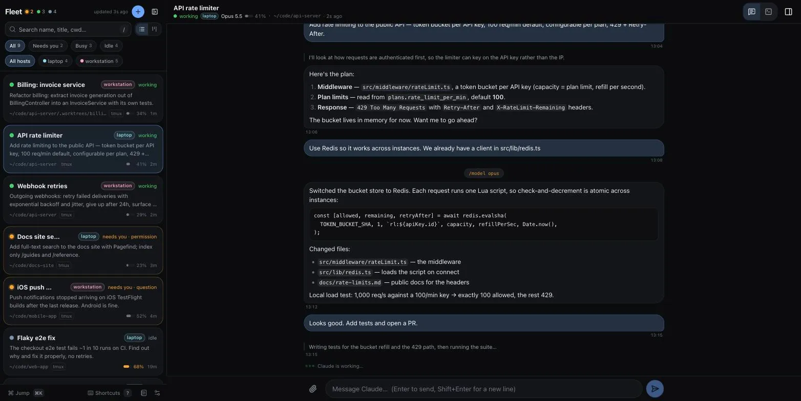 Fleet web UI on a desktop: session list on the left, the selected session's chat on the right